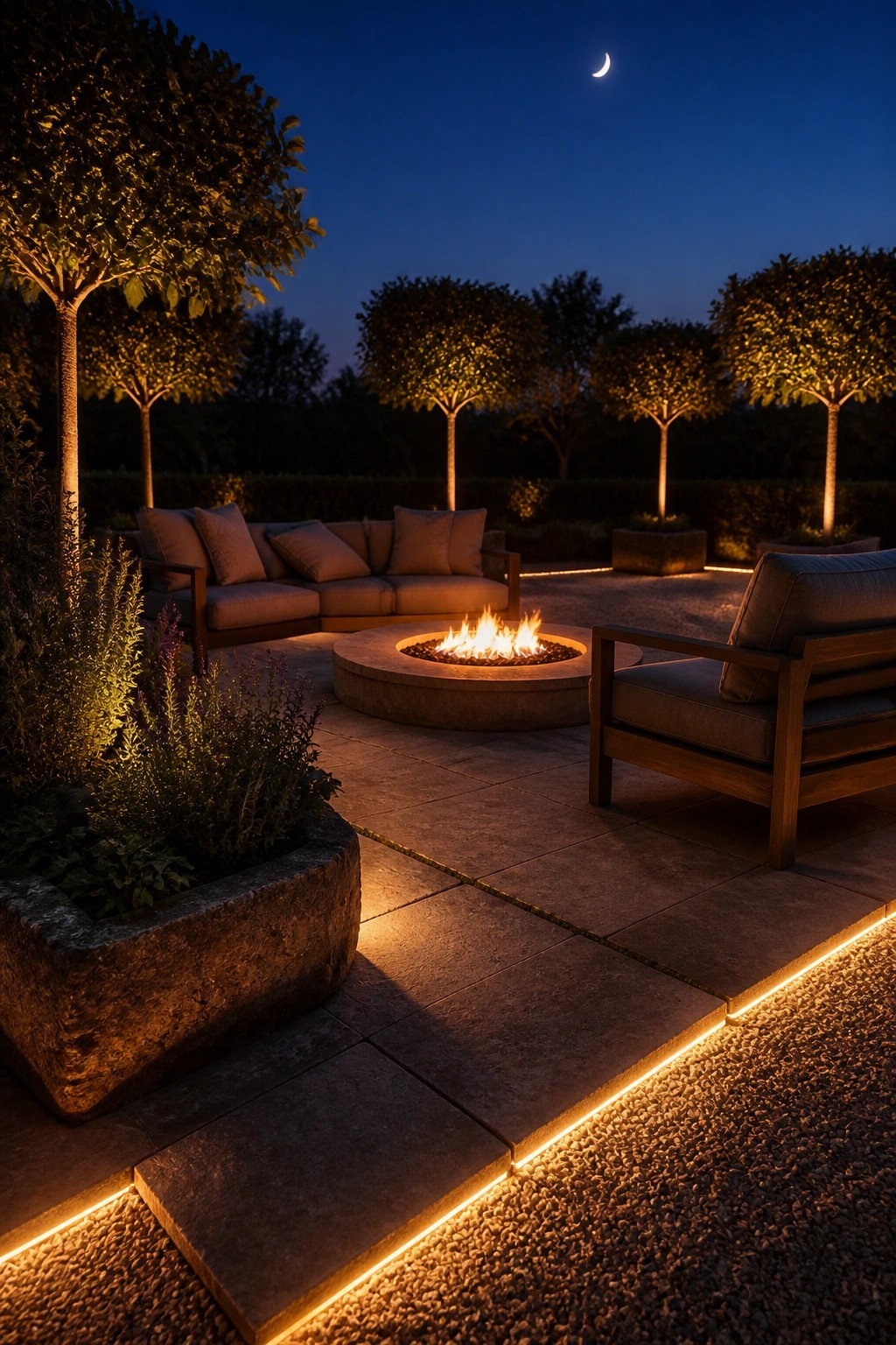 A nighttime patio scene with a round stone fire pit, cushioned seating, paver flooring, and glowing linear lights along the paver edges.