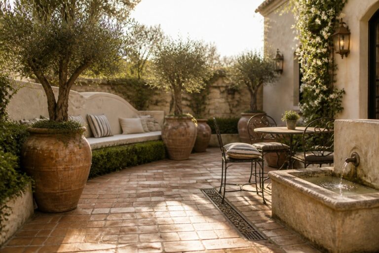 23 Elegant Patio Garden Design Ideas Using Pavers, Pots, and Polished Planting Sunny brick courtyard with terracotta pots, stone fountain, iron table, and trees.