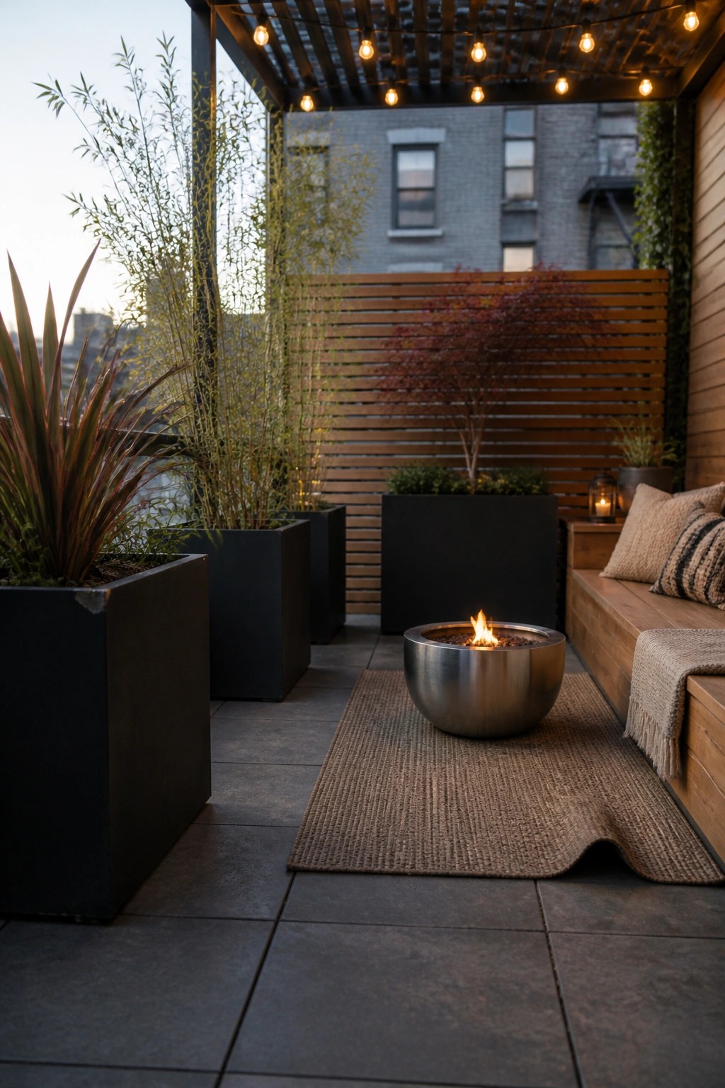 Modern patio with fire pit on rug, black planters, wooden bench, and string lights