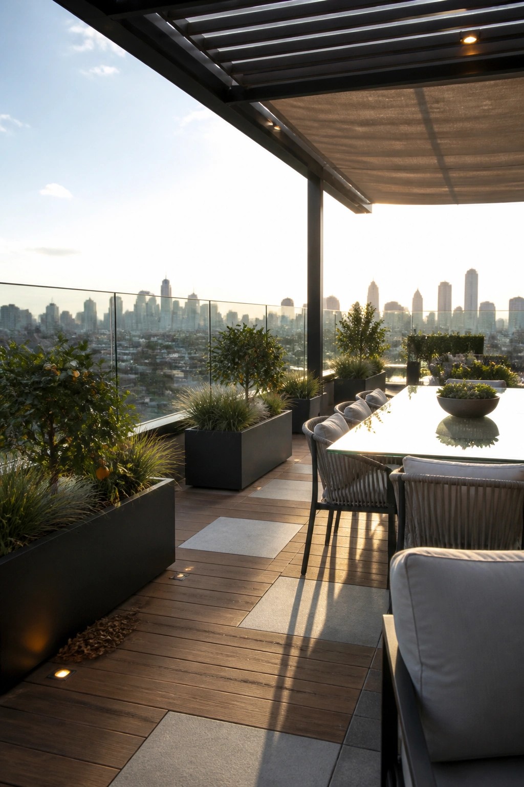 A rooftop terrace with a glass dining table, woven chairs, and several large dark rectangular planters holding green trees and grasses, overlooking a city skyline at sunset.