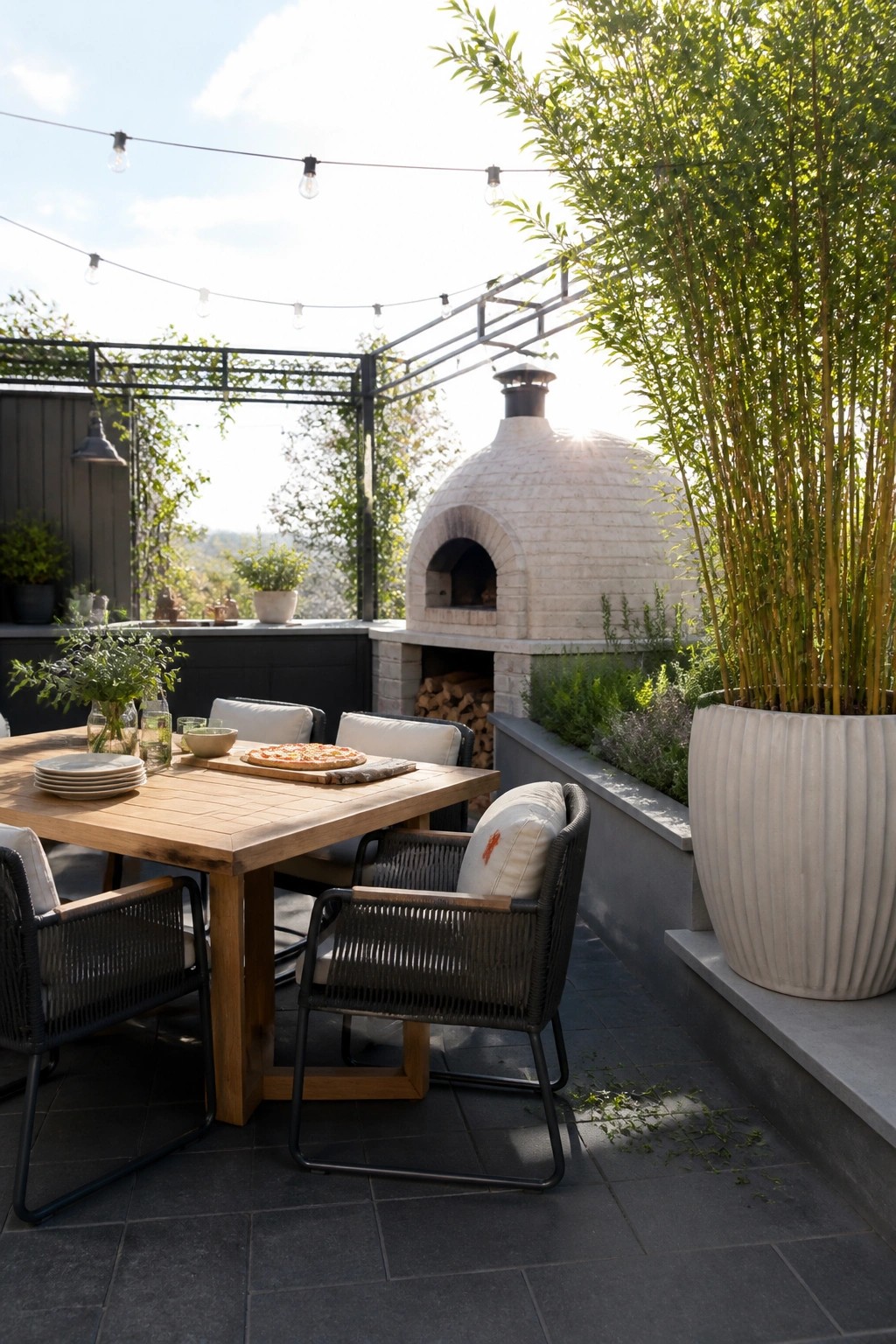 An outdoor patio with a wooden dining table, woven chairs, a built-in pizza oven, string lights, and a large white ribbed pot holding tall bamboo-style plants.
