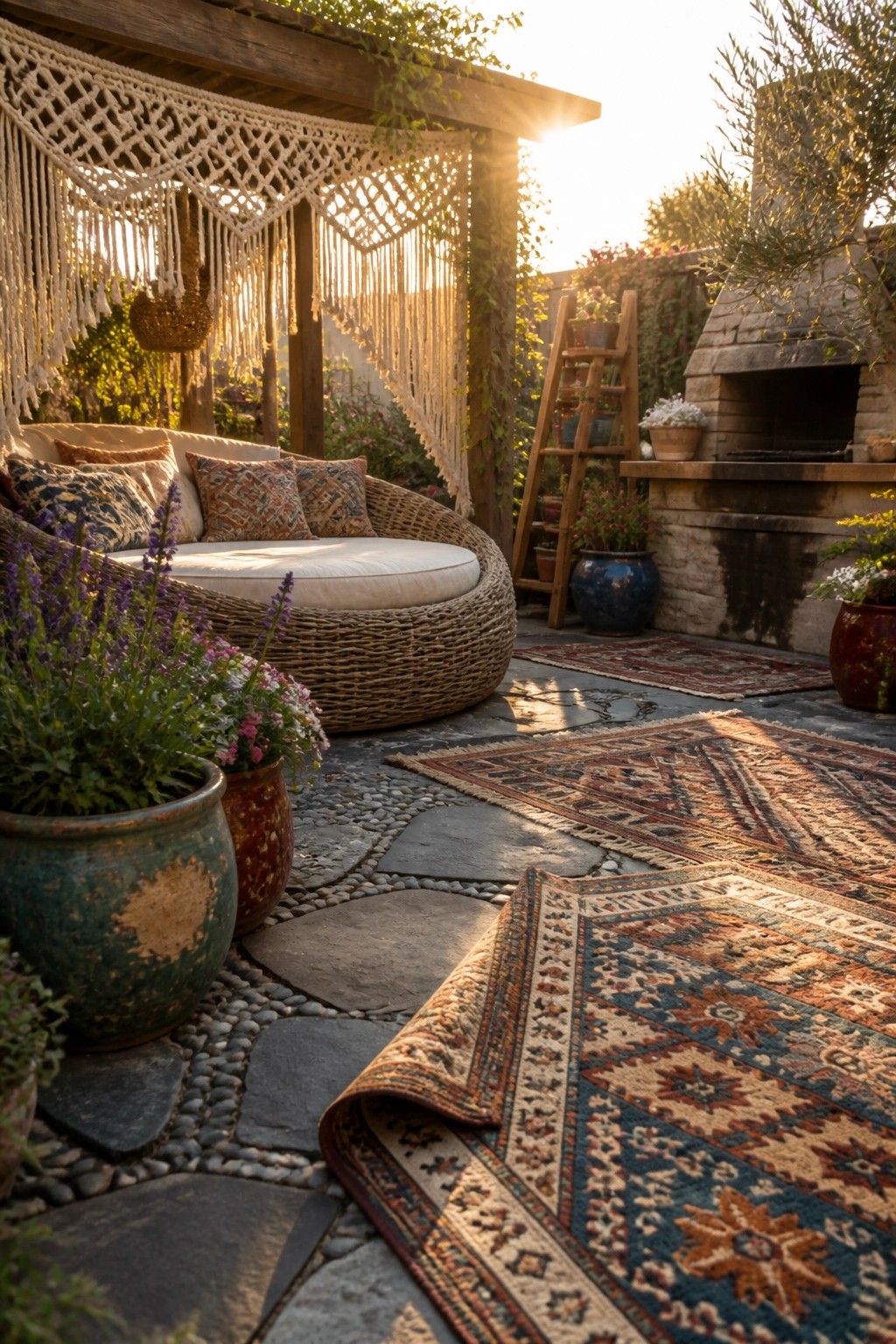 A stone paver patio with layered patterned rugs, a round wicker daybed with cushions, potted plants, and a stone outdoor fireplace.