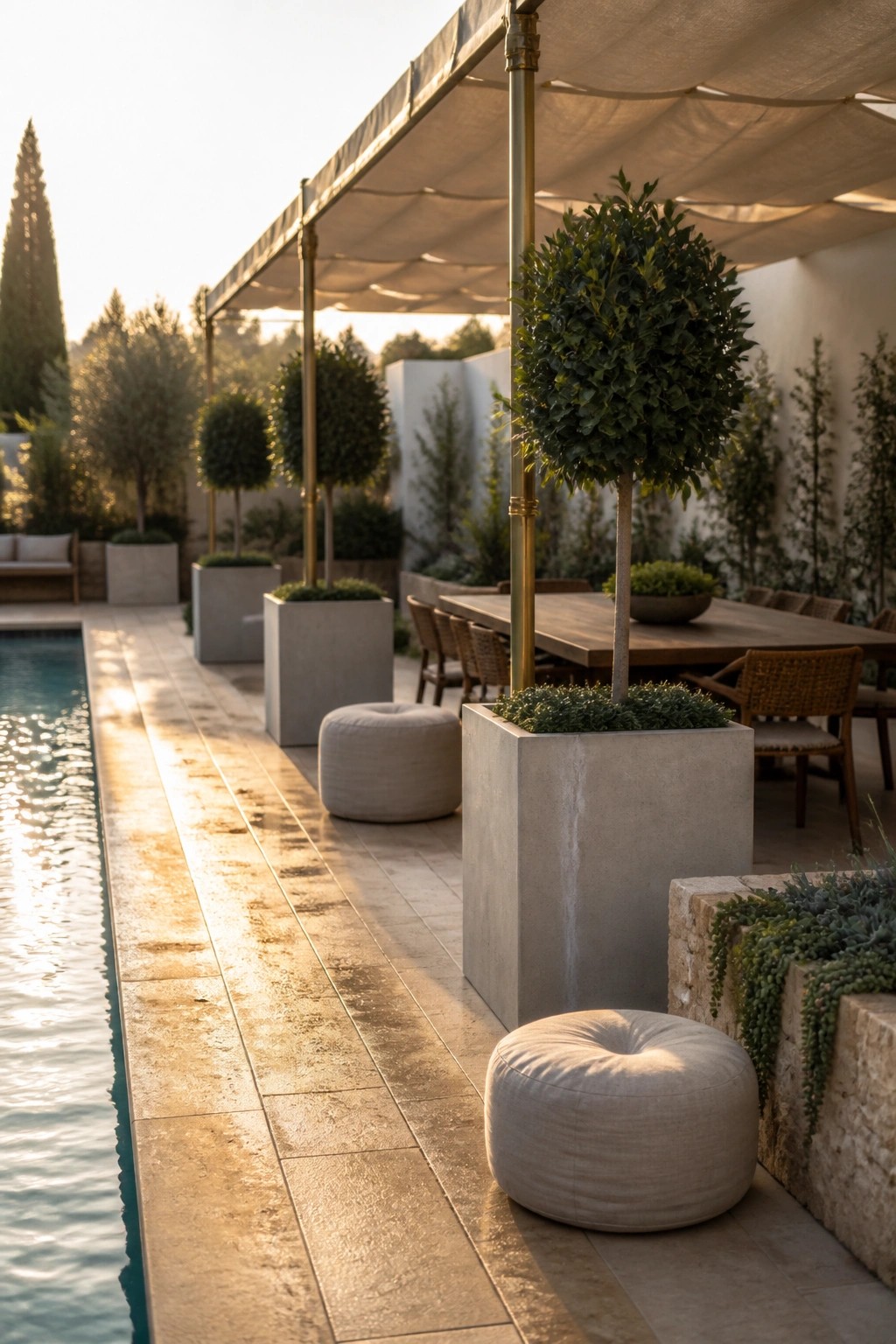 Poolside patio with concrete planters, round ottomans, dining table under canopy