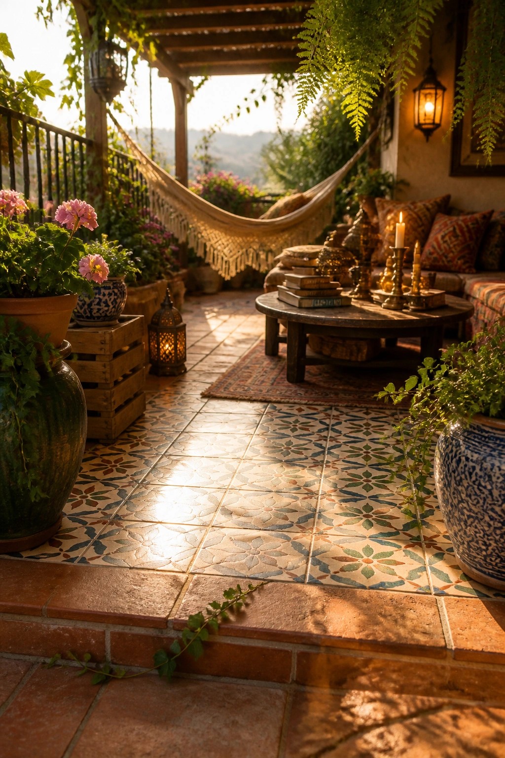 A sunlit outdoor patio with colorful patterned tile flooring, large potted plants, a hammock, and a seating area with cushions and candles.