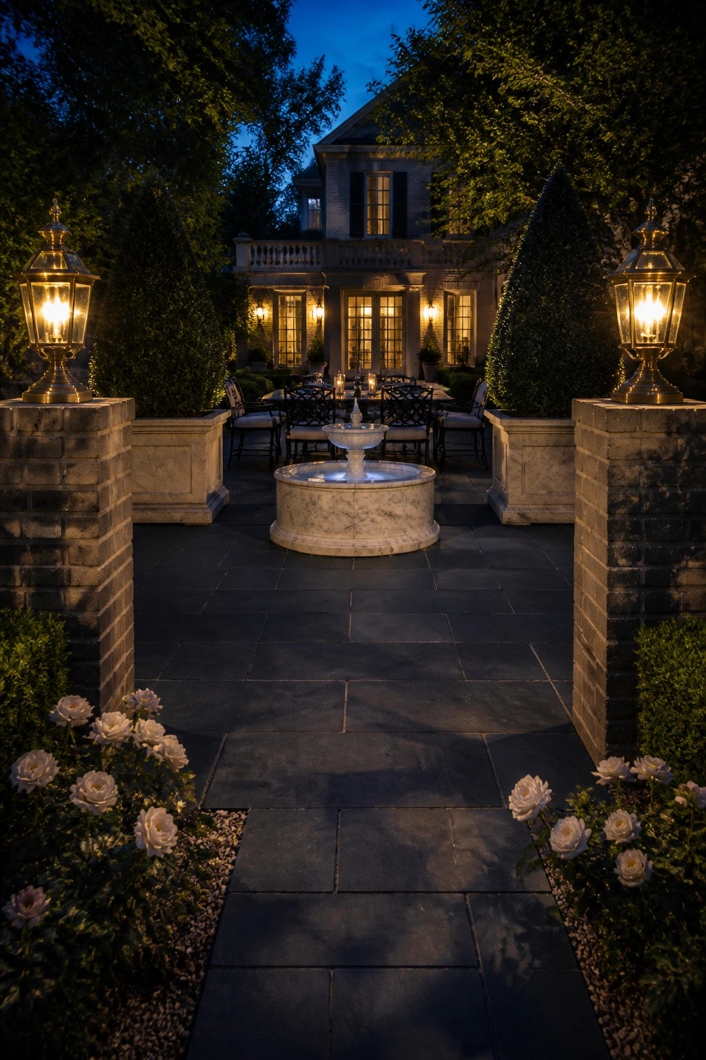 A dark stone paver patio at night with a central marble fountain, outdoor dining table, and brick pillars holding lanterns next to large planters.