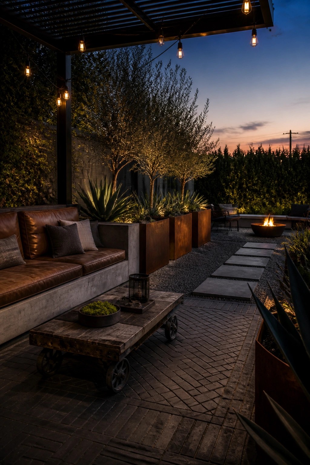 A patio at dusk with brown leather seating, a wooden cart table, large metal planters, string lights, a fire pit, and brick pavers forming the main floor area.
