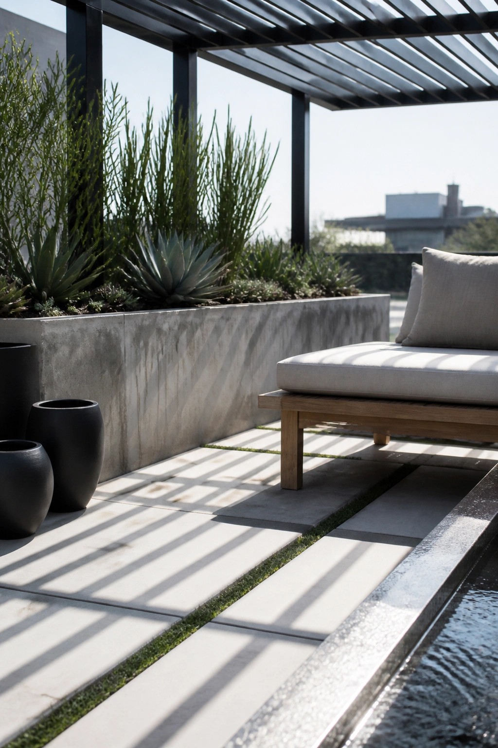 A modern patio features large light-colored pavers with narrow grass strips, black ceramic pots along a concrete planter, and a wooden lounge chair beside a narrow water channel.