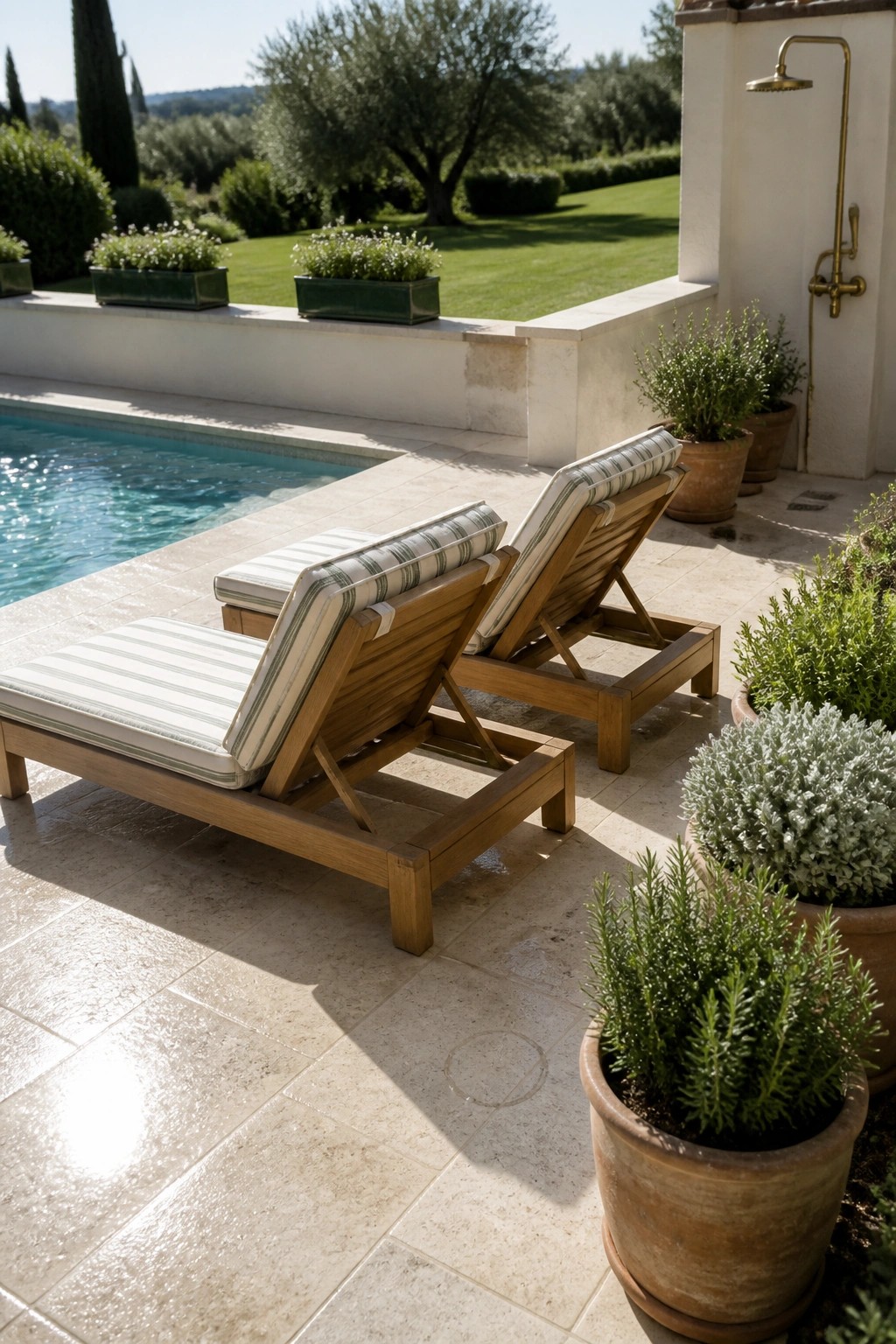 Two wooden lounge chairs with striped cushions sit on a stone paver patio beside a pool, surrounded by terracotta pots filled with green plants and a brass outdoor shower on a white wall.