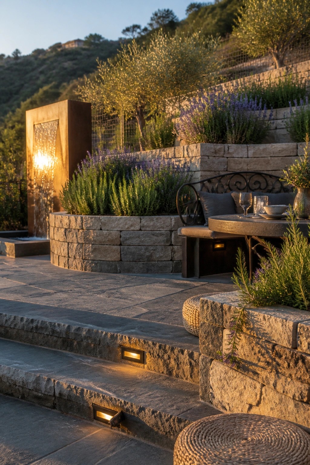 Stone patio with recessed lights set into the steps, a water feature on the left wall, and a curved seating area with a round table on the right.