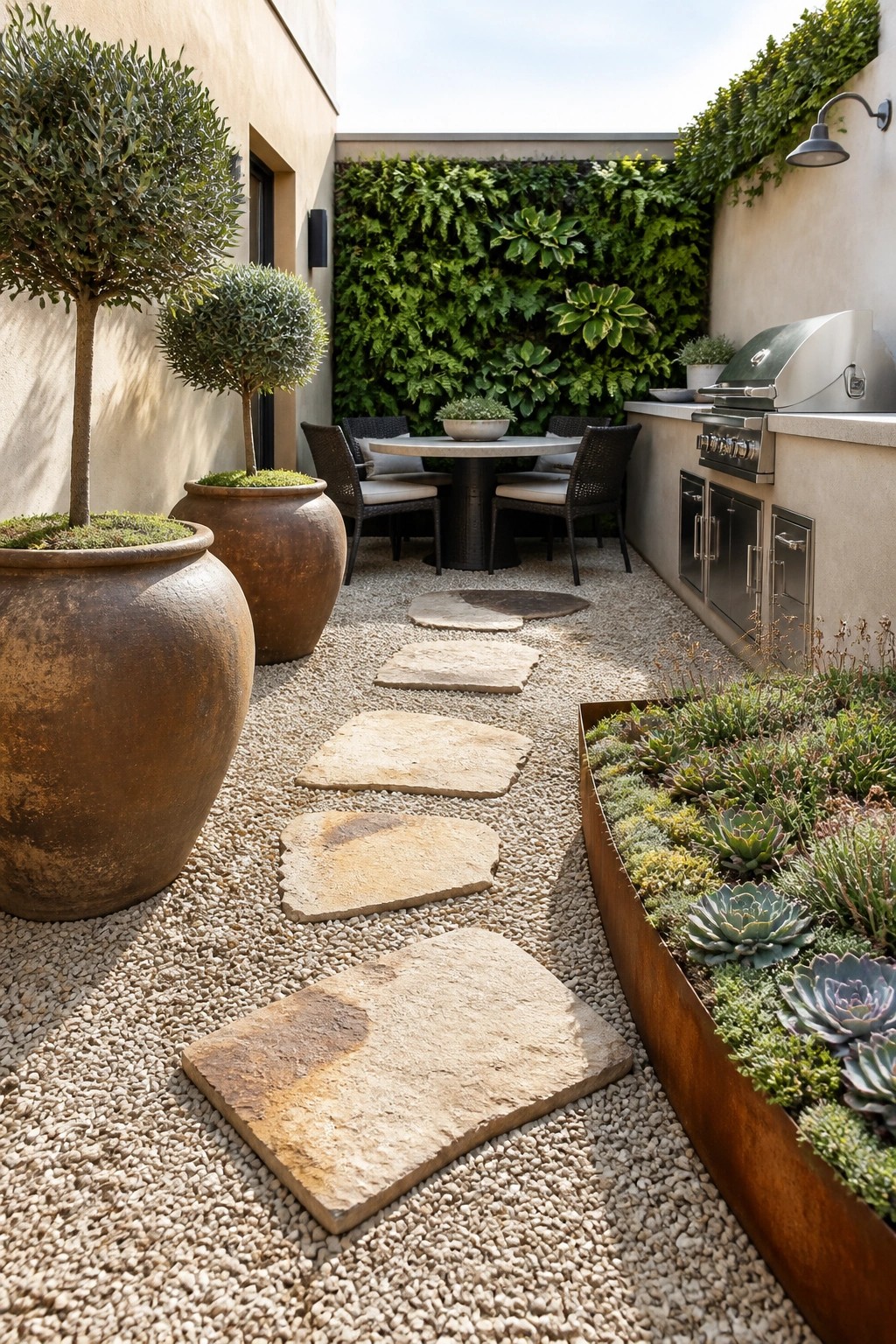 A gravel courtyard with irregular beige pavers forming a stepping stone path, large brown pots on the left, an outdoor dining set in the middle, and a stainless grill with cabinetry on the right.