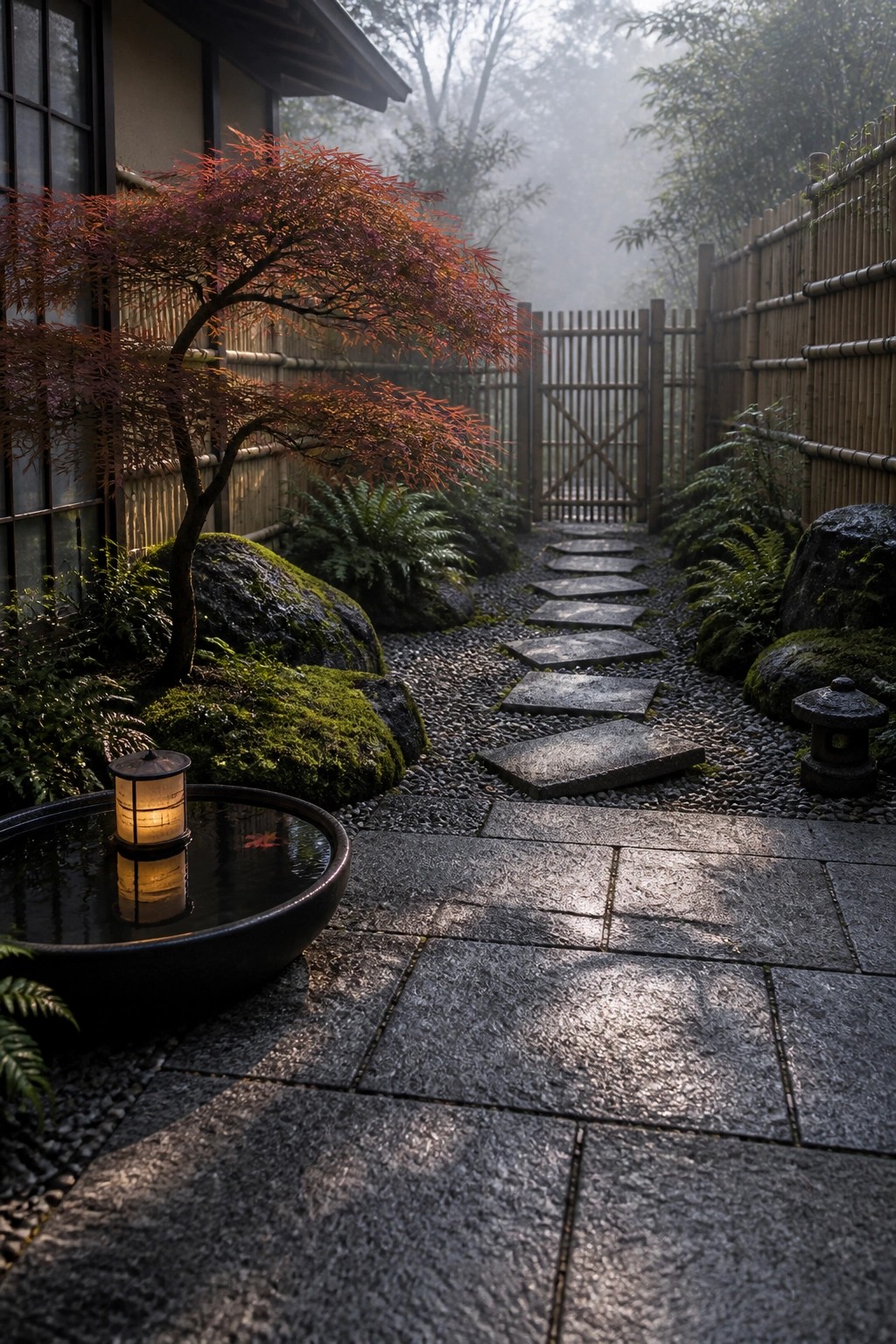 A narrow garden path of irregular stone pavers set in gravel, bordered by mossy rocks, ferns, and a red Japanese maple beside a traditional house with a stone water basin in the foreground.