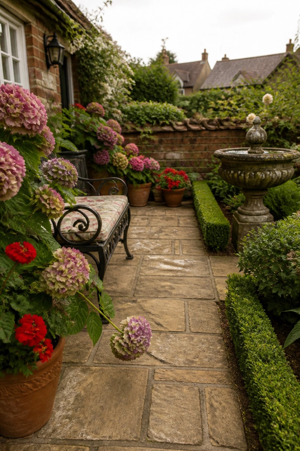 A stone paver path runs through a garden bordered by potted hydrangeas and red flowers, with a bench on the left and a stone fountain on the right.