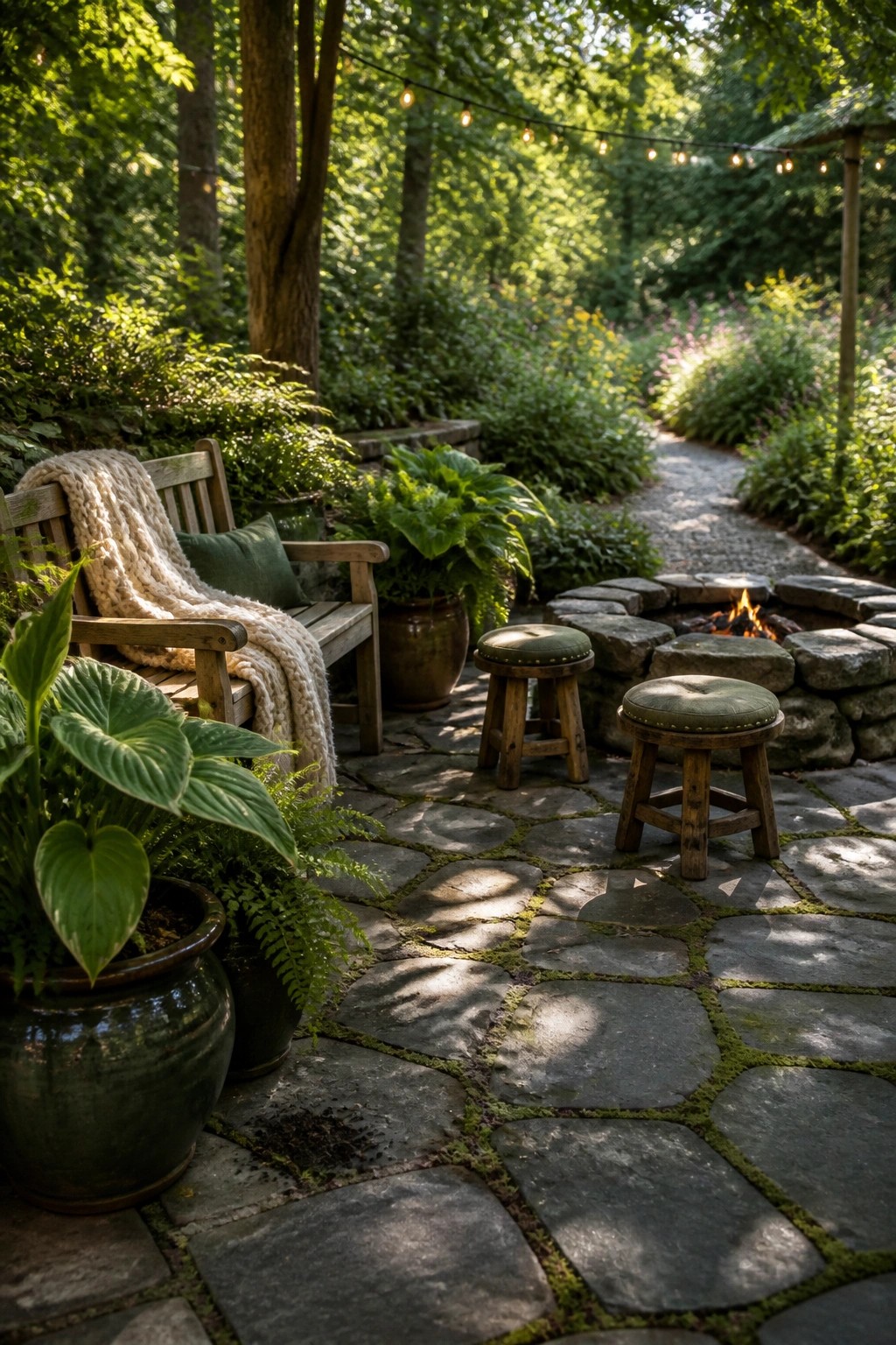 A stone paver patio with a circular fire pit, two wooden stools, a bench with a blanket, and several large potted plants set among trees and greenery.