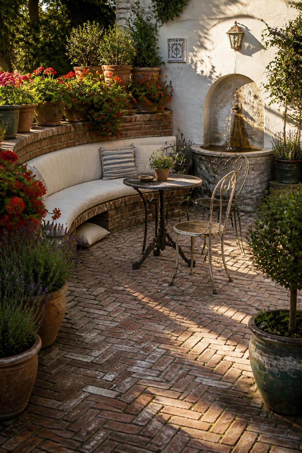 Sunny brick courtyard with curved bench, table, chairs, stone fountain and potted red flowers.