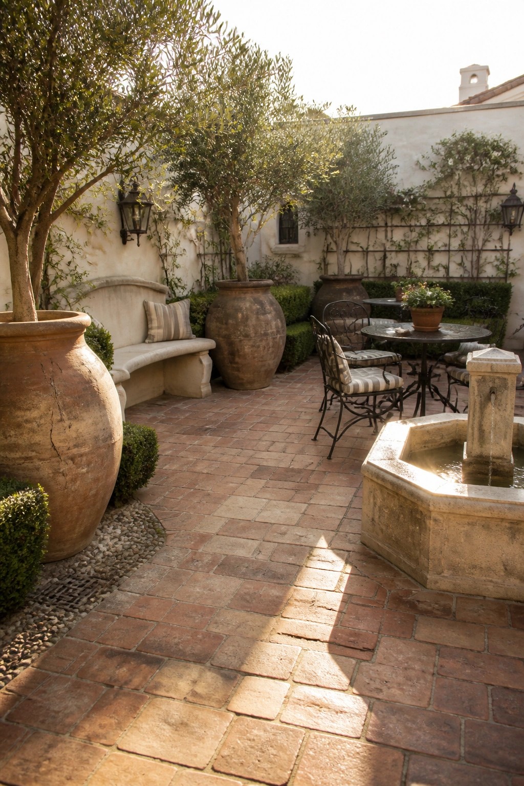 Sunny brick courtyard with terracotta pots, stone fountain, iron table, and trees.