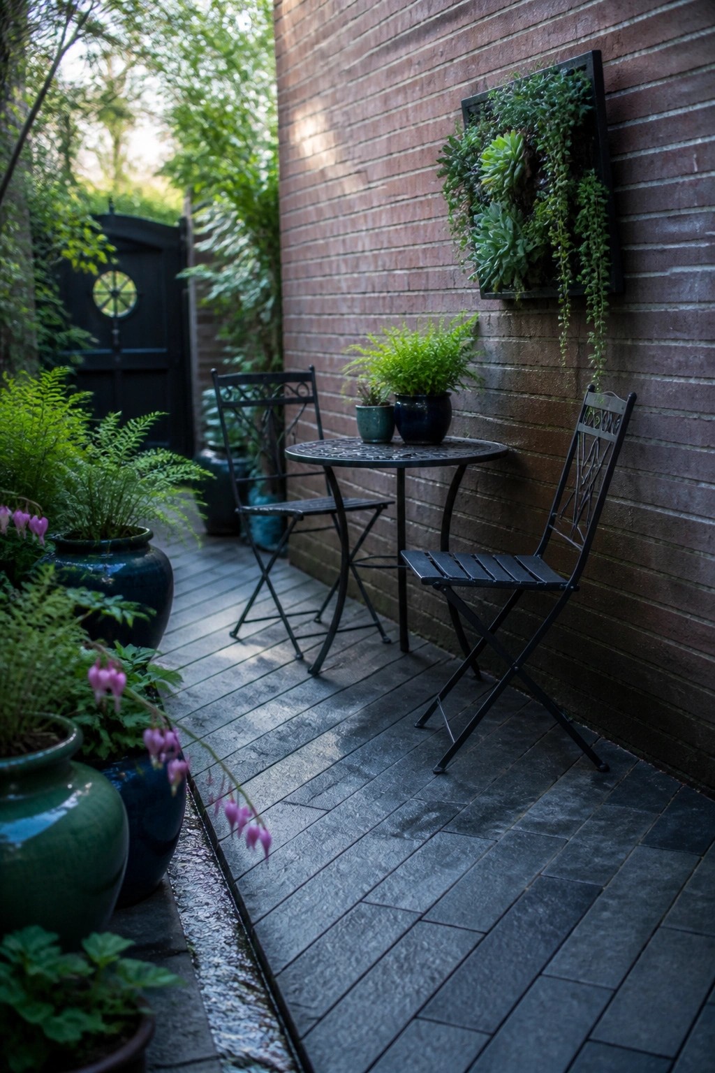 A narrow paved patio with black metal chairs and table, several potted plants, and a vertical garden panel mounted on a brick wall.