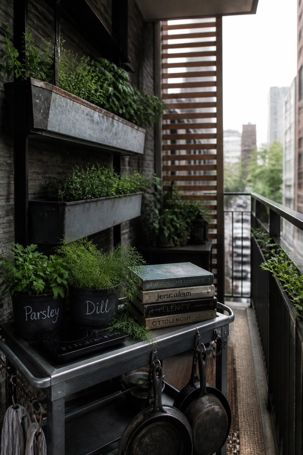 Rustic balcony with potted herbs, stacked cookbooks, induction cooktop, and hanging pans.