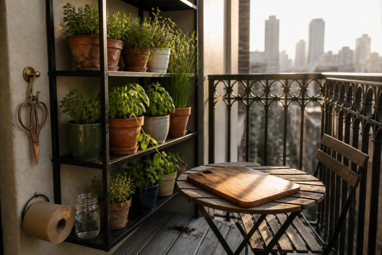 A balcony with metal wall shelves holding multiple potted herbs next to a small wooden table with a cutting board and glass jar.
