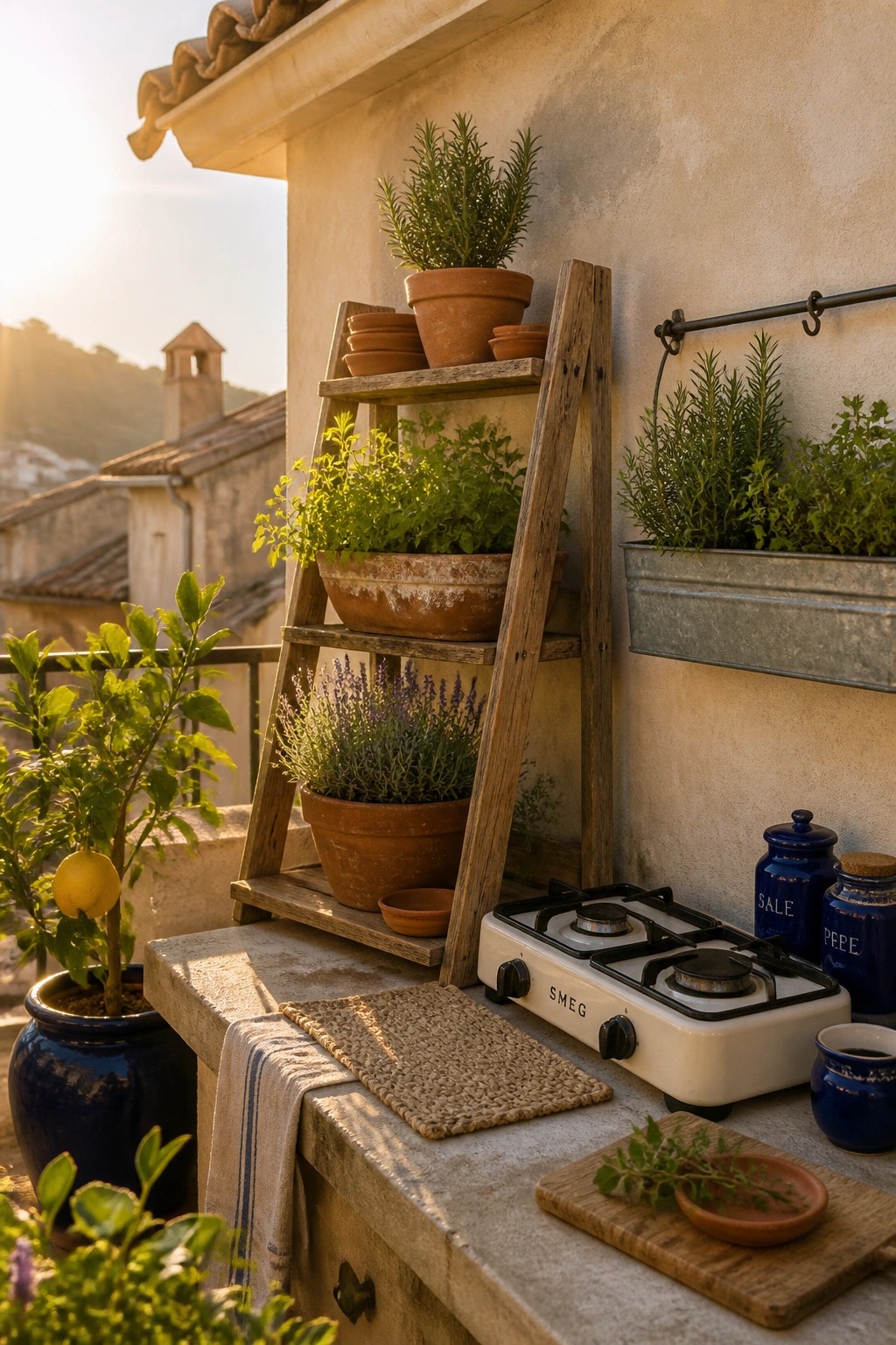 A stone balcony counter holds a portable gas stove beside a wooden ladder shelf filled with herb pots in terracotta containers.