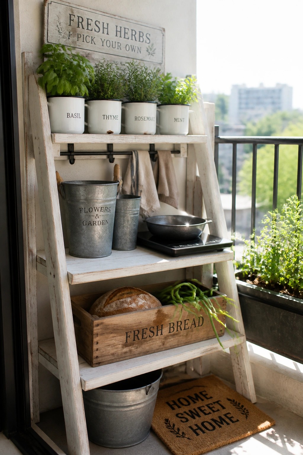 A wooden ladder shelf on a balcony displays four labeled white herb pots on the top tier, metal buckets and a wooden crate on the middle shelf, and a doormat on the floor.