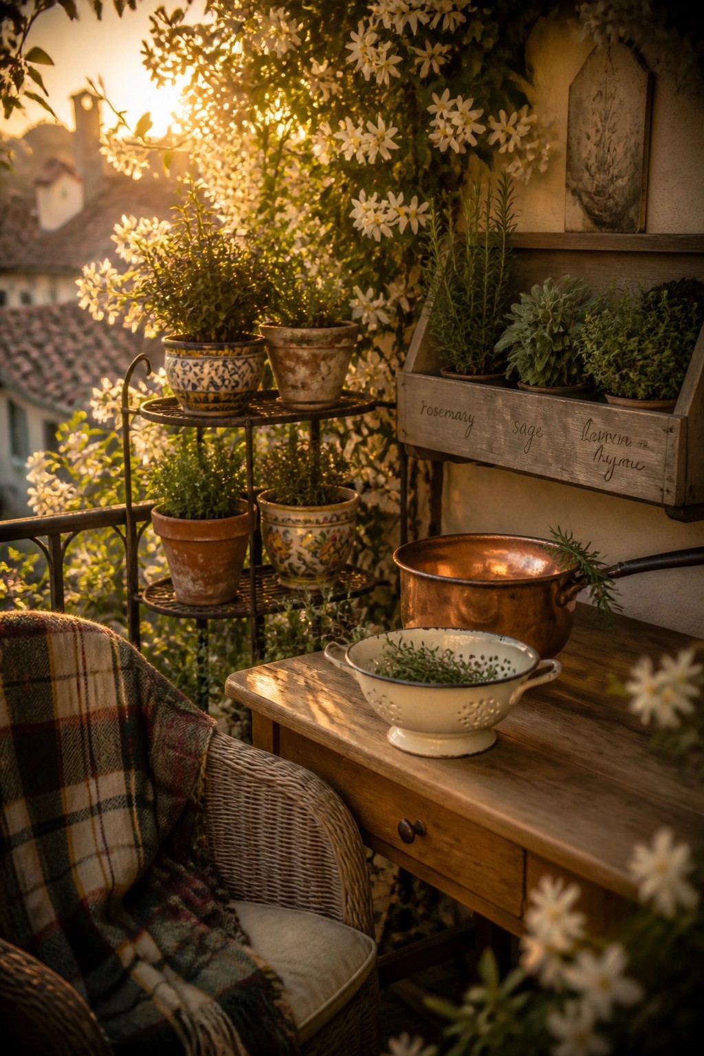 A balcony herb garden with tiered metal stands holding potted plants, a wooden wall crate labeled with herb names, a table with a colander and copper pot, and a wicker chair nearby.