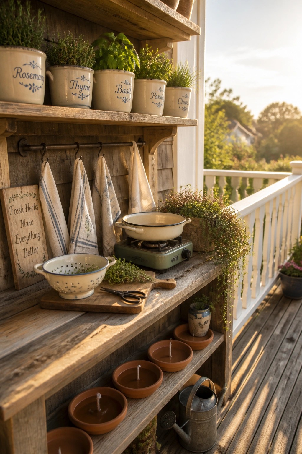 Rustic wooden porch shelves with labeled herb pots, towels, and vintage kitchenware at sunset
