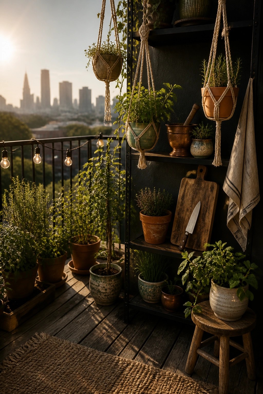 A wooden balcony with a black shelving unit holding multiple herb pots, a cutting board with a knife, hanging planters, and a city skyline in the background.