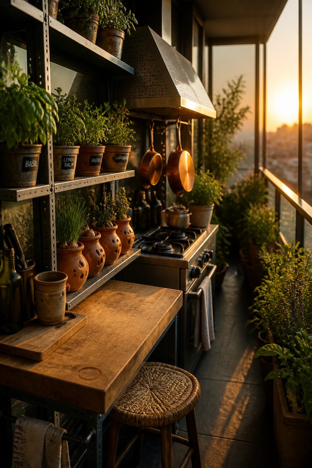 A balcony cooking area shows metal shelves filled with potted herbs beside a stainless steel stove and a wooden countertop with a woven stool.
