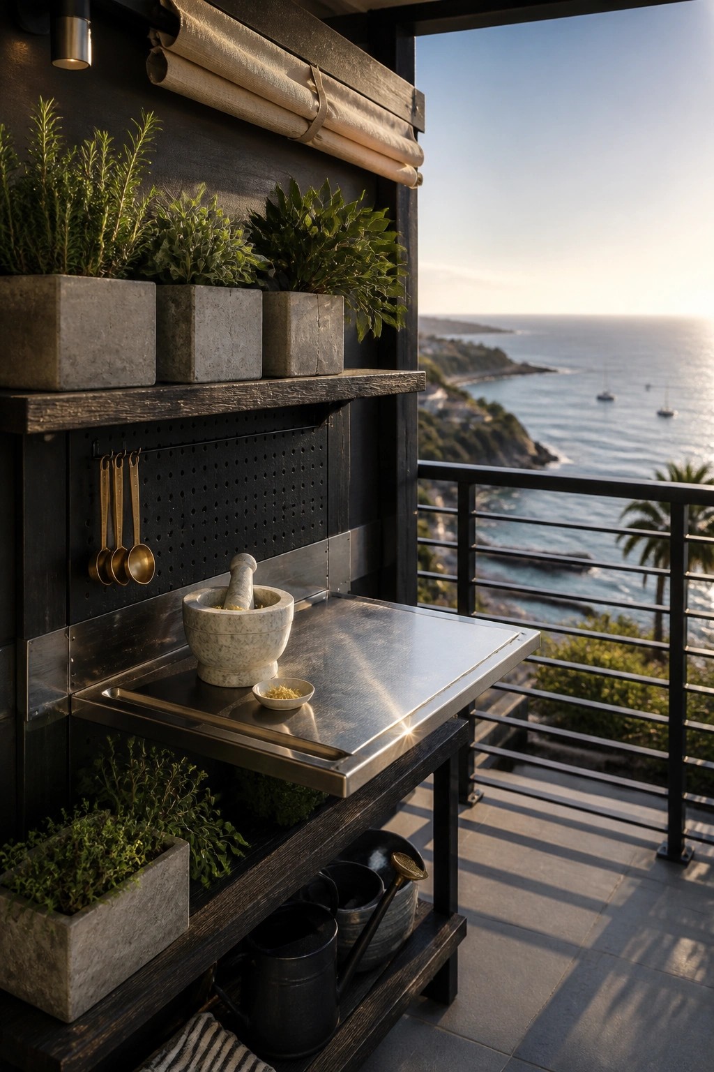 A dark wooden wall unit on a balcony holds concrete herb pots, brass spoons on a pegboard, a marble mortar and pestle, and a stainless steel prep surface with an ocean view beyond the railing.