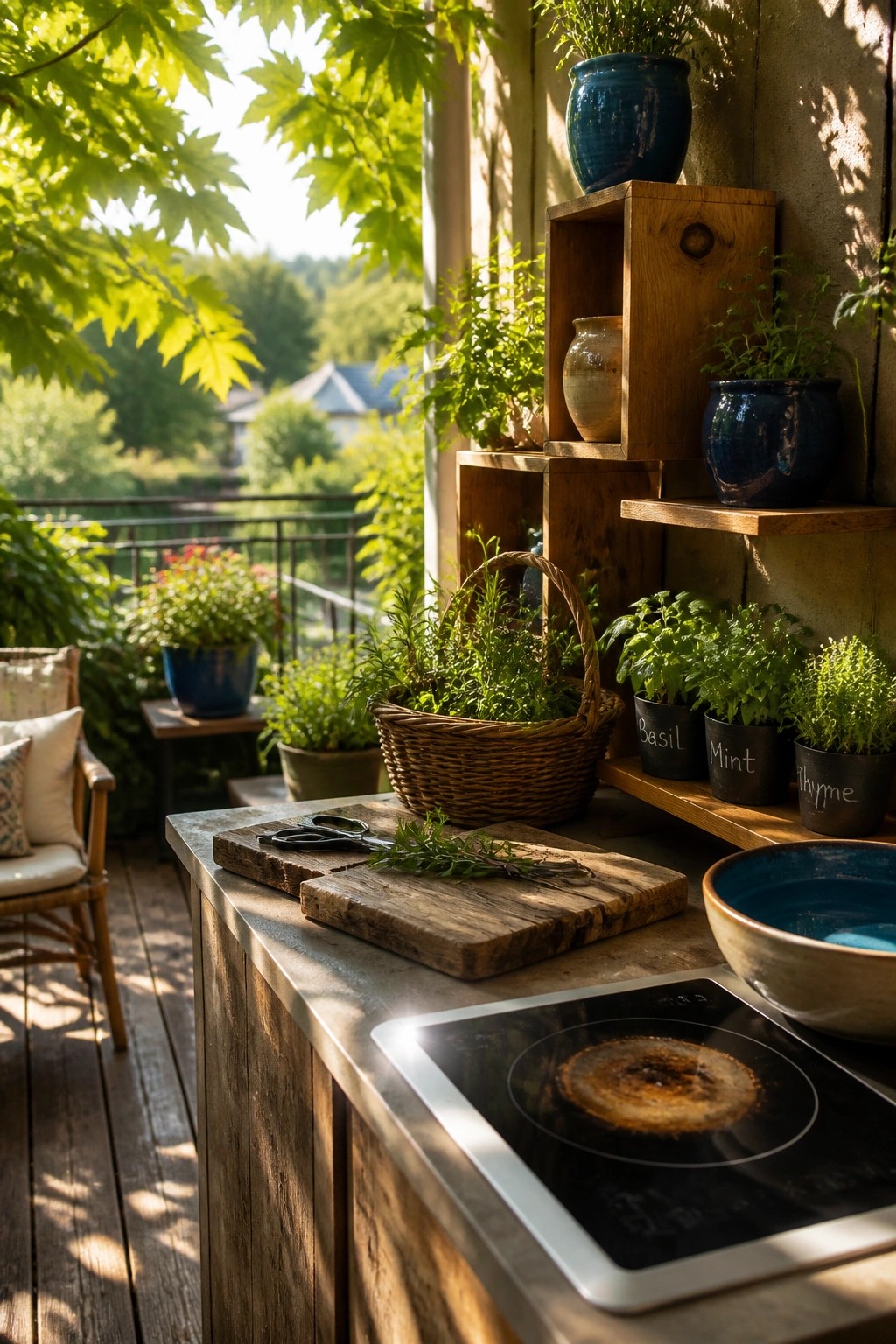 A balcony cooking area with wooden shelves holding potted herbs beside an induction cooktop and a cutting board with fresh cuttings.