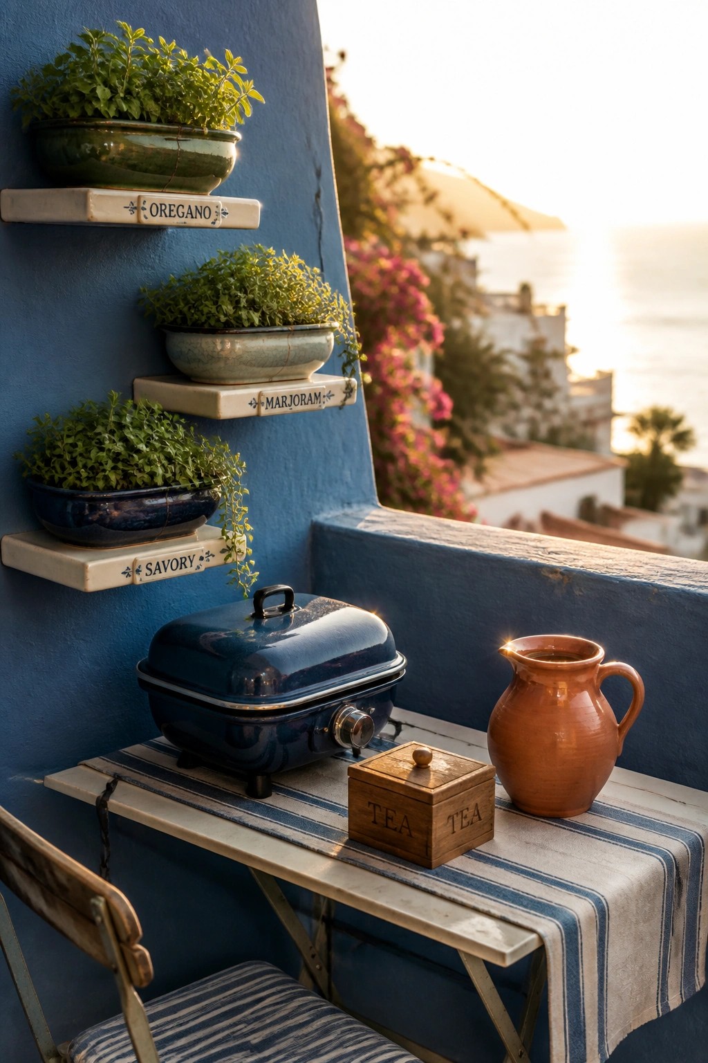 A blue balcony wall holds three white shelves with ceramic pots of labeled herbs, next to a small table with a blue grill and a clay pitcher.