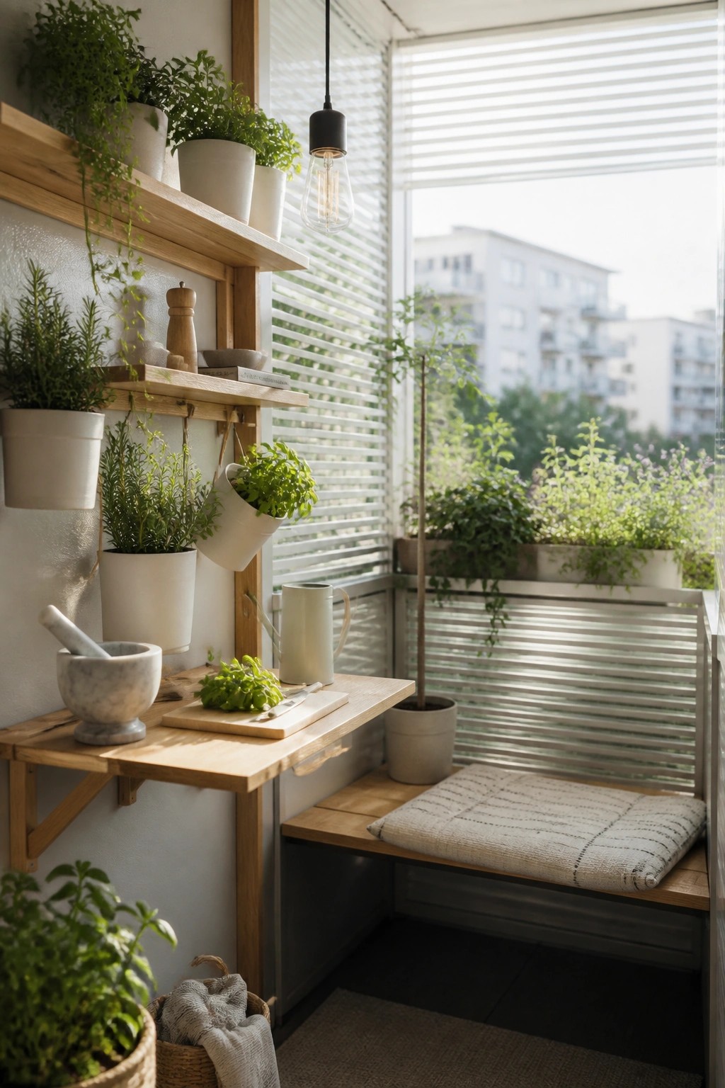 A balcony corner with wooden wall shelves holding white herb pots, a fold-down table with a mortar and pestle, and a cushioned bench seat.