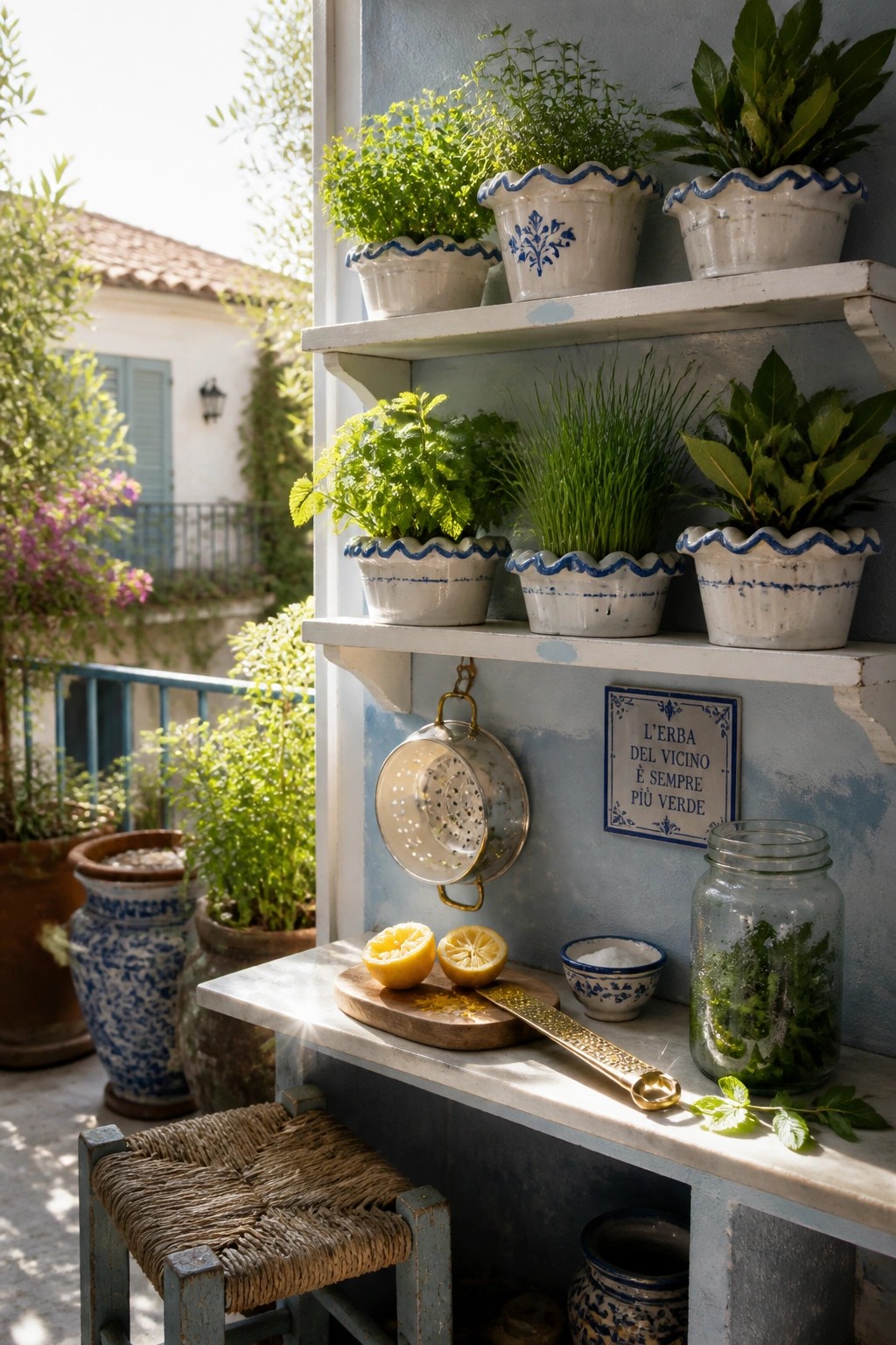 A light blue wall with two white shelves holding several blue-patterned ceramic herb pots, a marble ledge below with lemons on a cutting board, a hanging metal colander, a glass jar of herbs, a small bowl, and a woven stool in front.