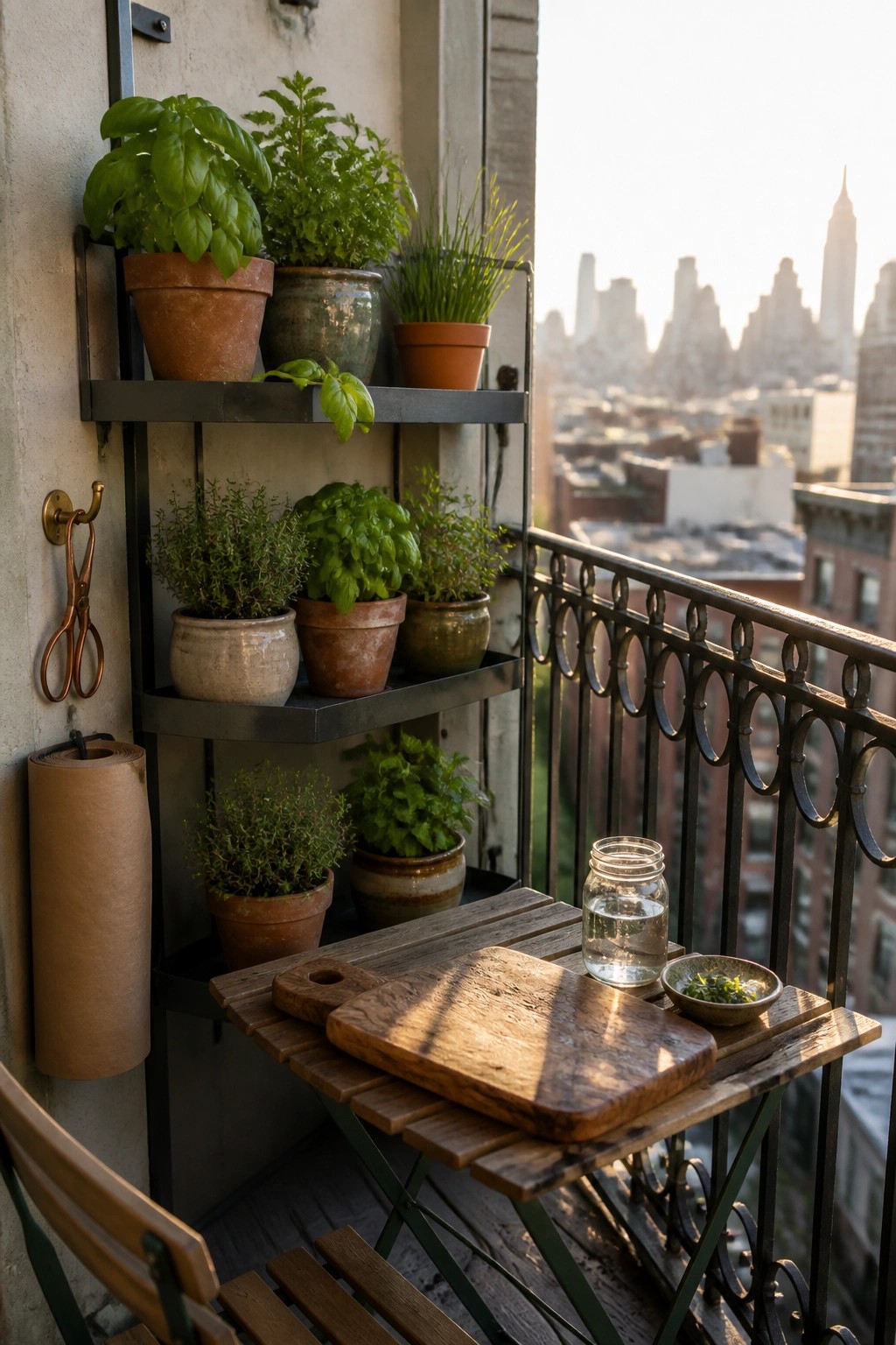 A balcony with metal wall shelves holding multiple potted herbs next to a small wooden table with a cutting board and glass jar.