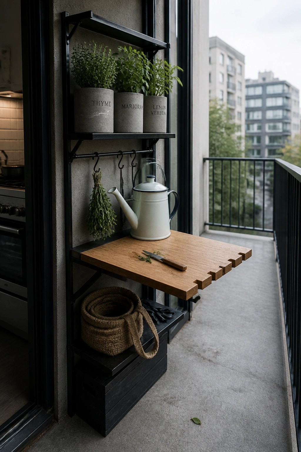 A black metal wall-mounted shelf unit on a concrete balcony wall holds three concrete herb pots on the upper shelf, has hanging hooks with a white watering can and bundled herbs below, and features a fold-out wooden table with a small knife on top.