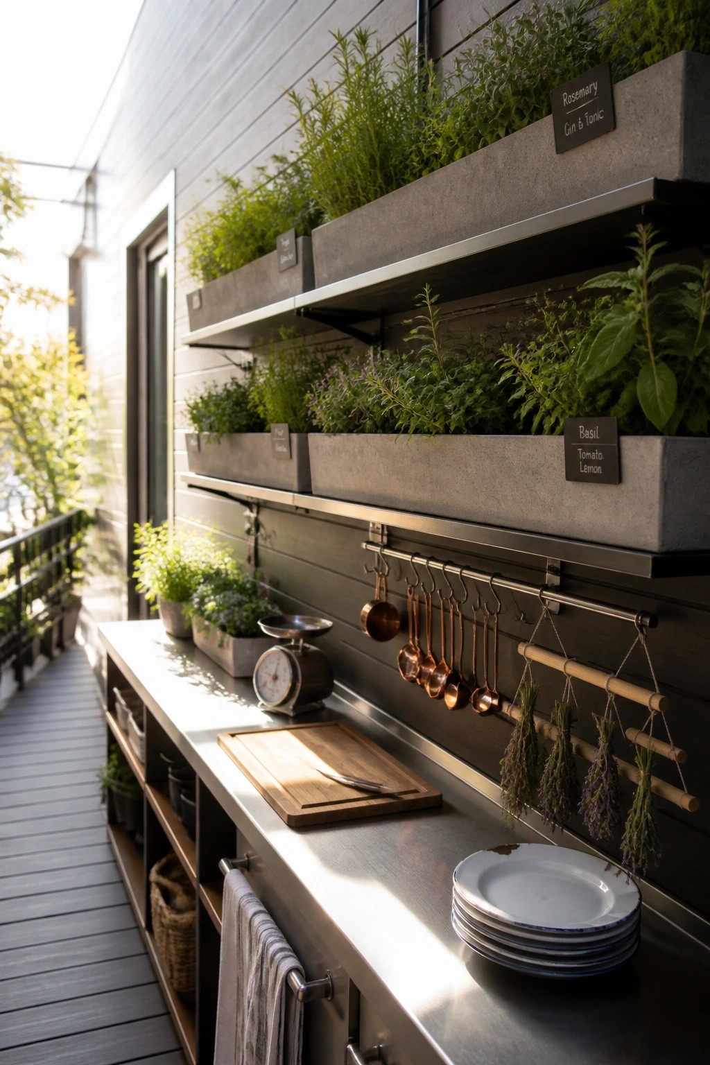 Modern outdoor kitchen with herb planters, copper utensils, stainless counter on sunny balcony