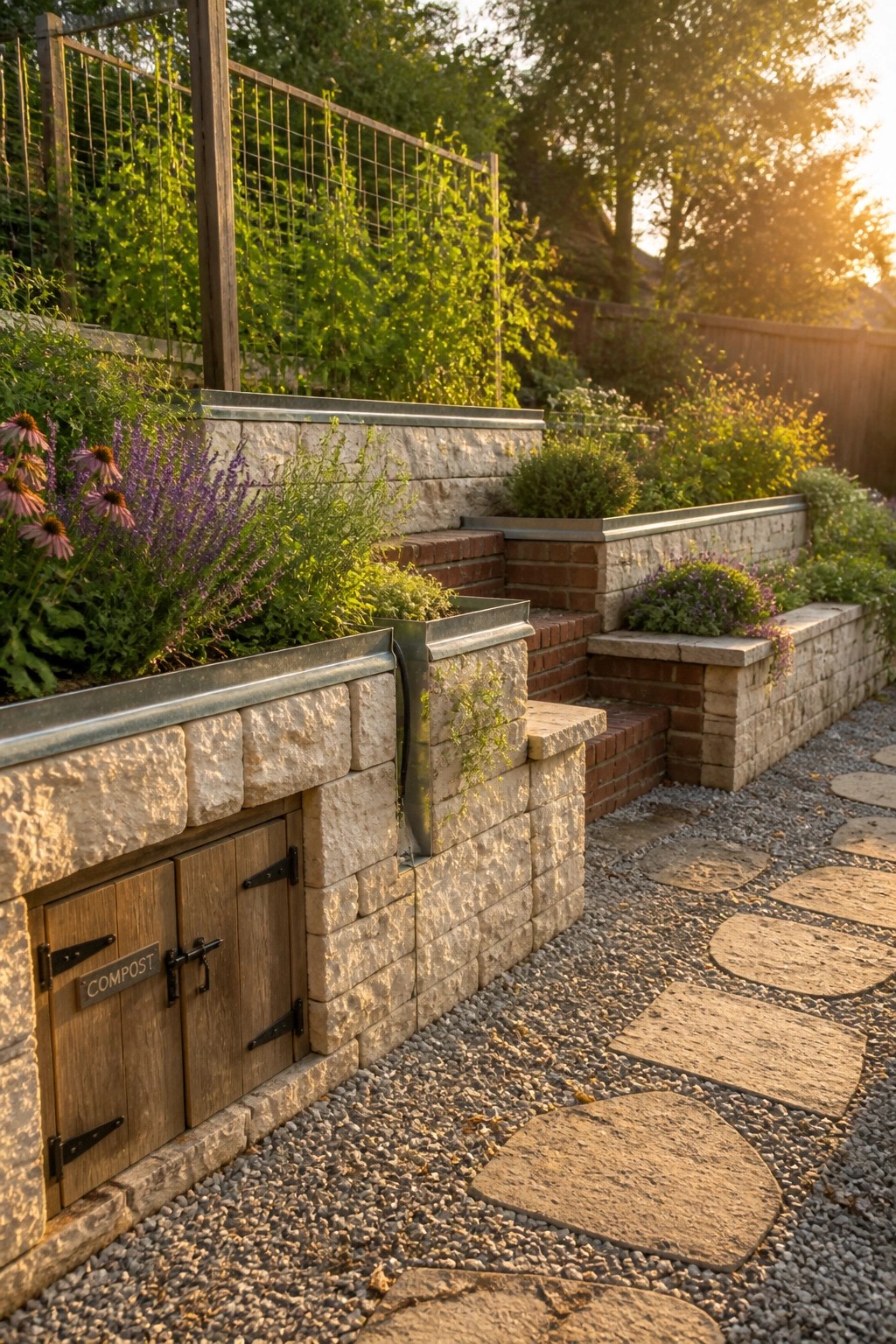 A raised stone garden bed with wooden double doors labeled compost built into the lower wall, next to a gravel path with stepping stones.