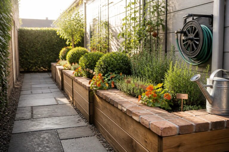 A narrow concrete path runs beside long raised garden beds with wooden sides and brick edging, filled with various plants and climbing vines supported by trellises.
