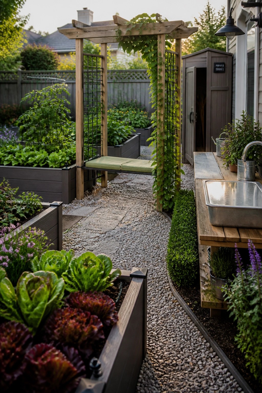 A garden scene with dark wooden raised beds along a gravel path, a wooden pergola with a bench and climbing vines, and a wooden potting station with a metal sink.
