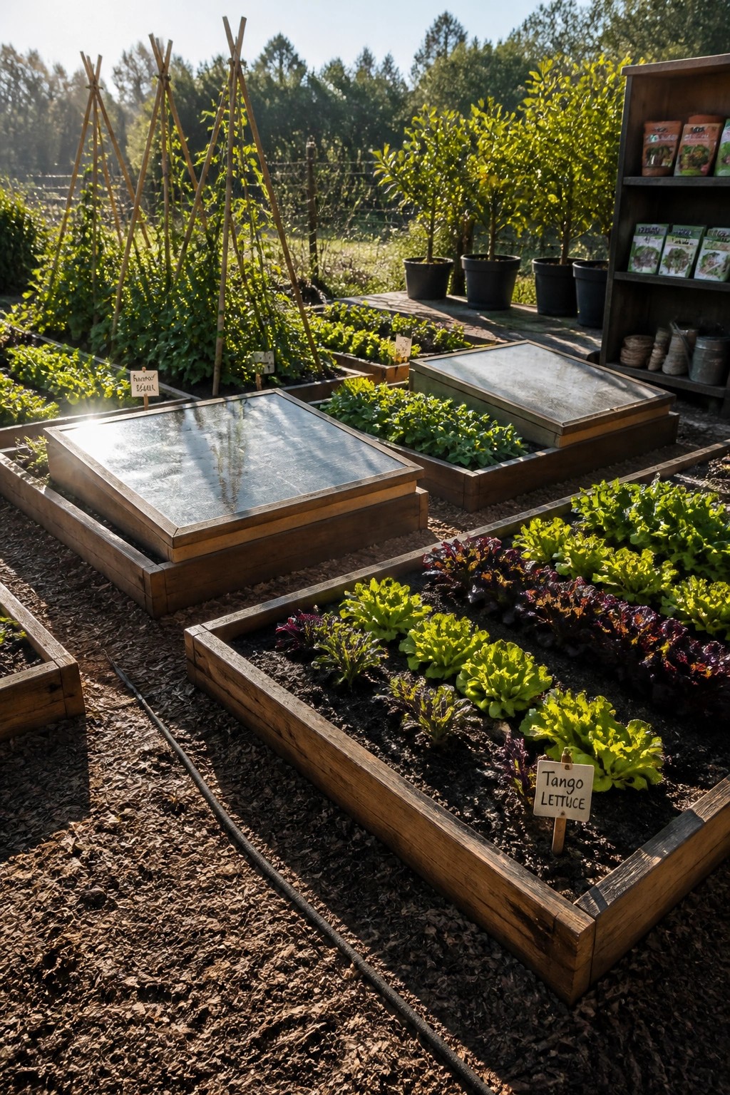 Raised garden beds with lettuce, cold frames, seed shelves, and wooden trellises in sunlight.