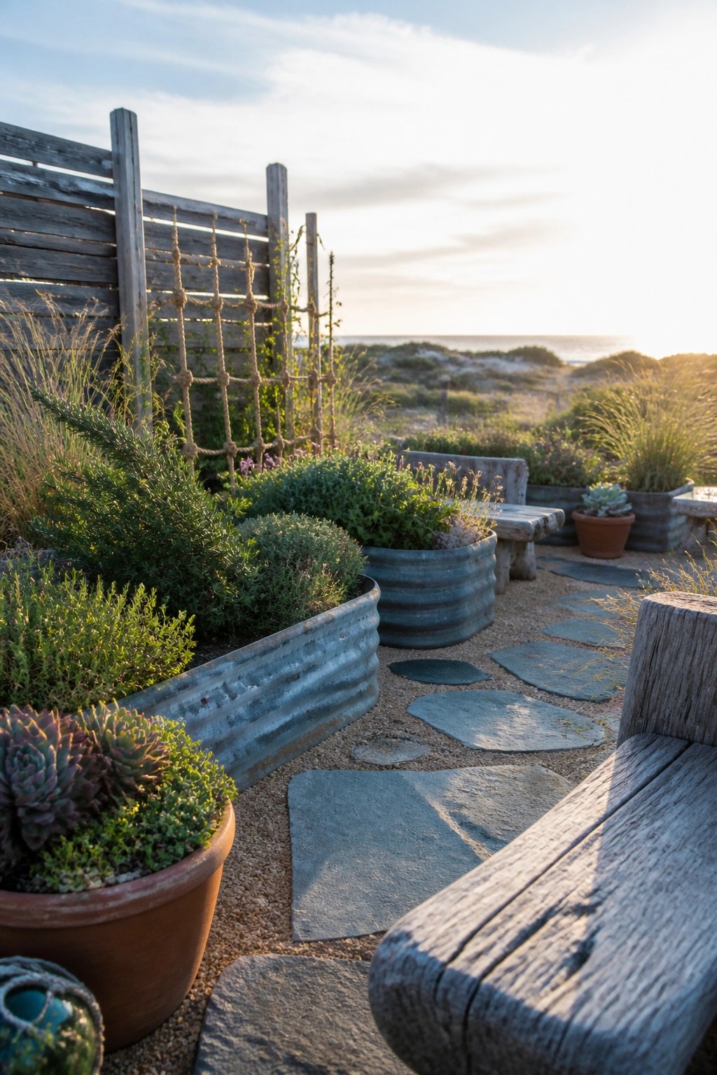 Raised garden beds made from metal troughs sit beside a stone path with potted plants and wooden benches in a coastal setting.