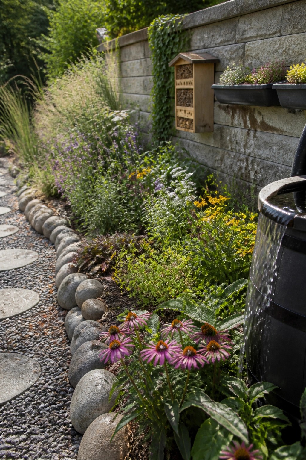 A garden bed edged with large rounded stones borders a gravel path, featuring purple coneflowers, mixed perennials, a stone wall with an insect hotel, and a water feature.
