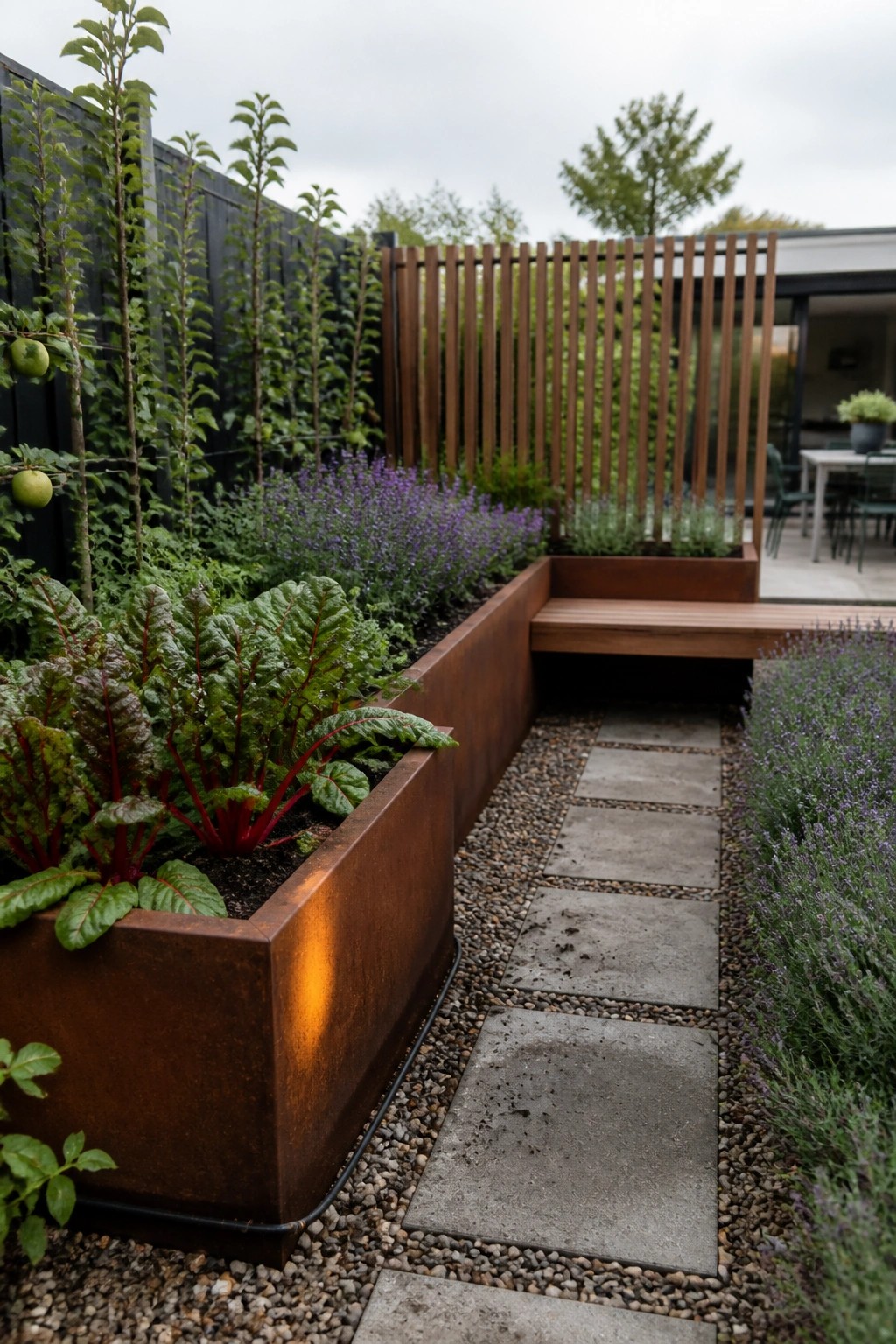 A garden scene showing rectangular metal raised beds with leafy plants beside a path of square stone pavers set in gravel, leading toward a wooden deck.