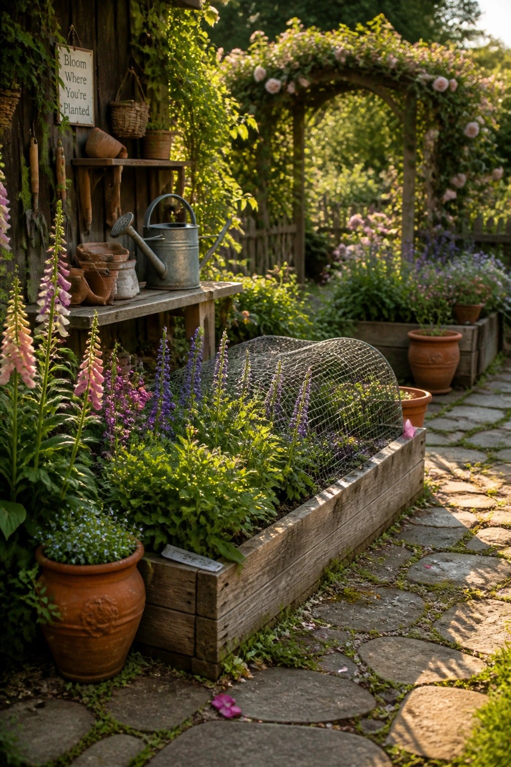 A long wooden raised garden bed filled with green plants and purple flowers sits next to a stone path, with a wire mesh cover over part of the bed and terracotta pots nearby.
