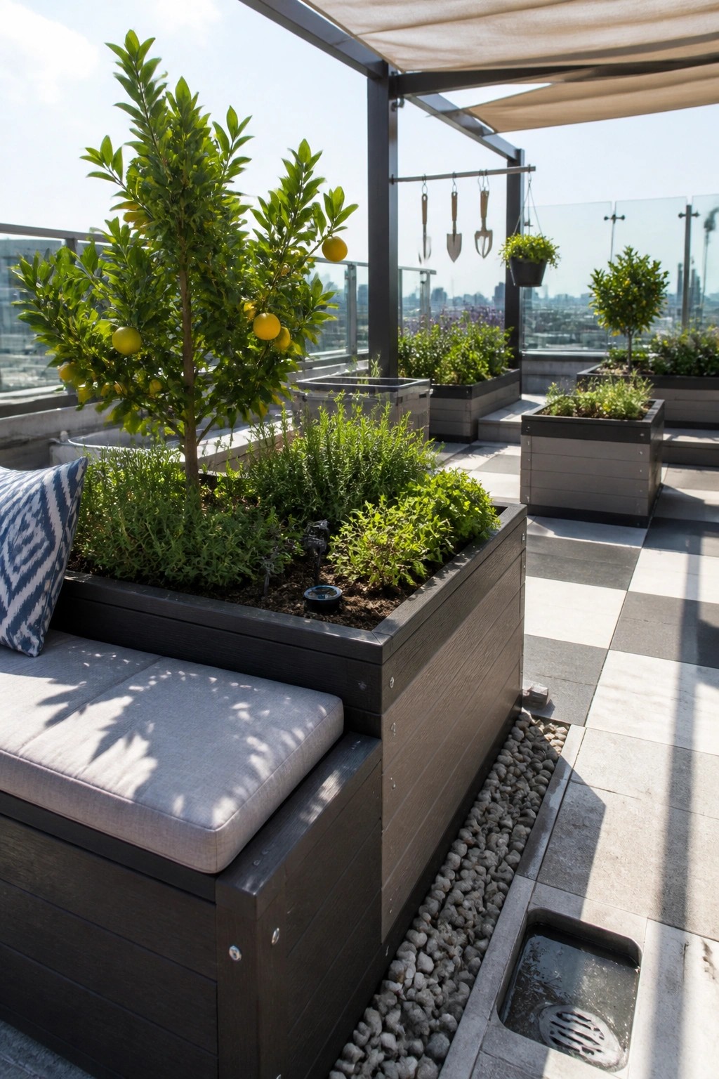 Modern rooftop terrace with lemon trees in wooden planters and built-in bench seating