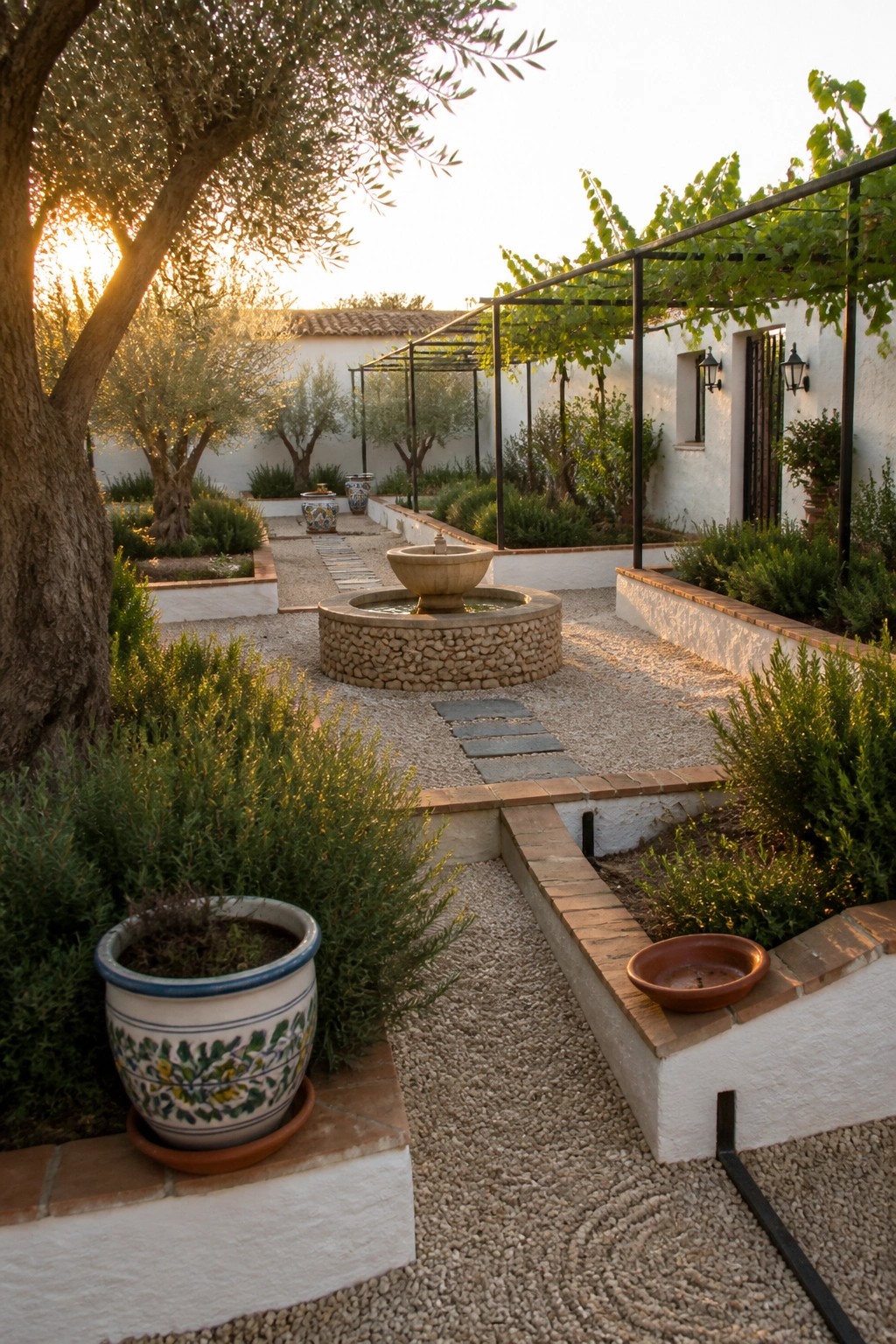 A courtyard garden with multiple raised beds edged in brick, gravel paths, a central stone fountain, and potted plants near a white wall with a pergola.