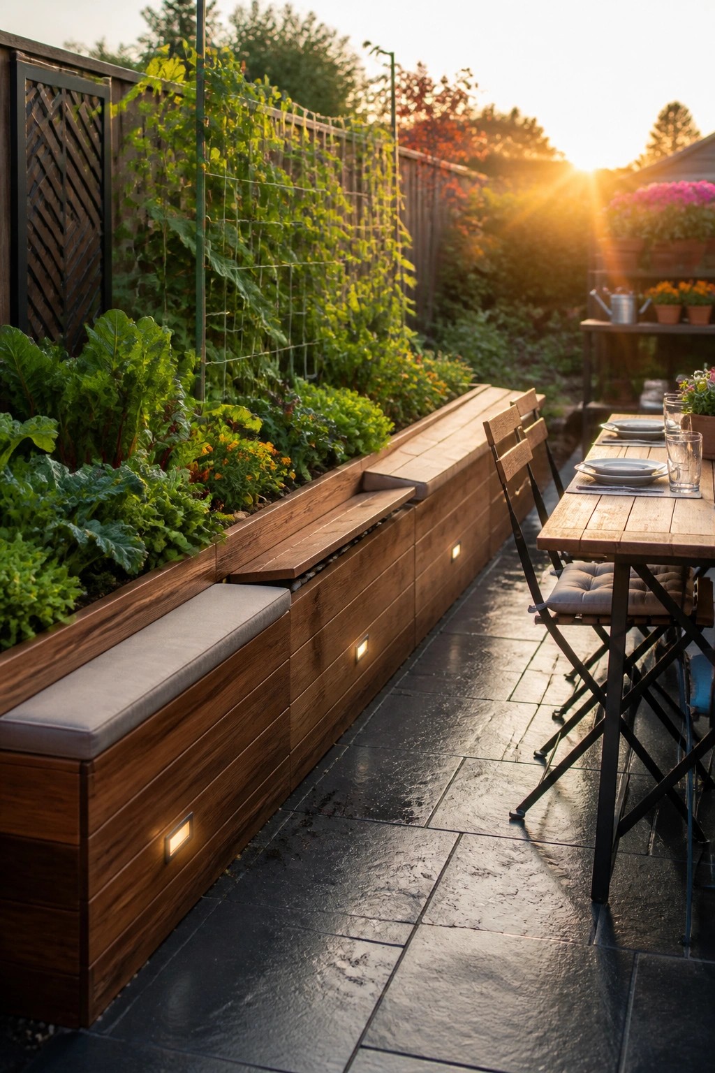 A long wooden raised garden bed with integrated bench seating, plants growing on a trellis, and a nearby outdoor dining table on a stone patio.