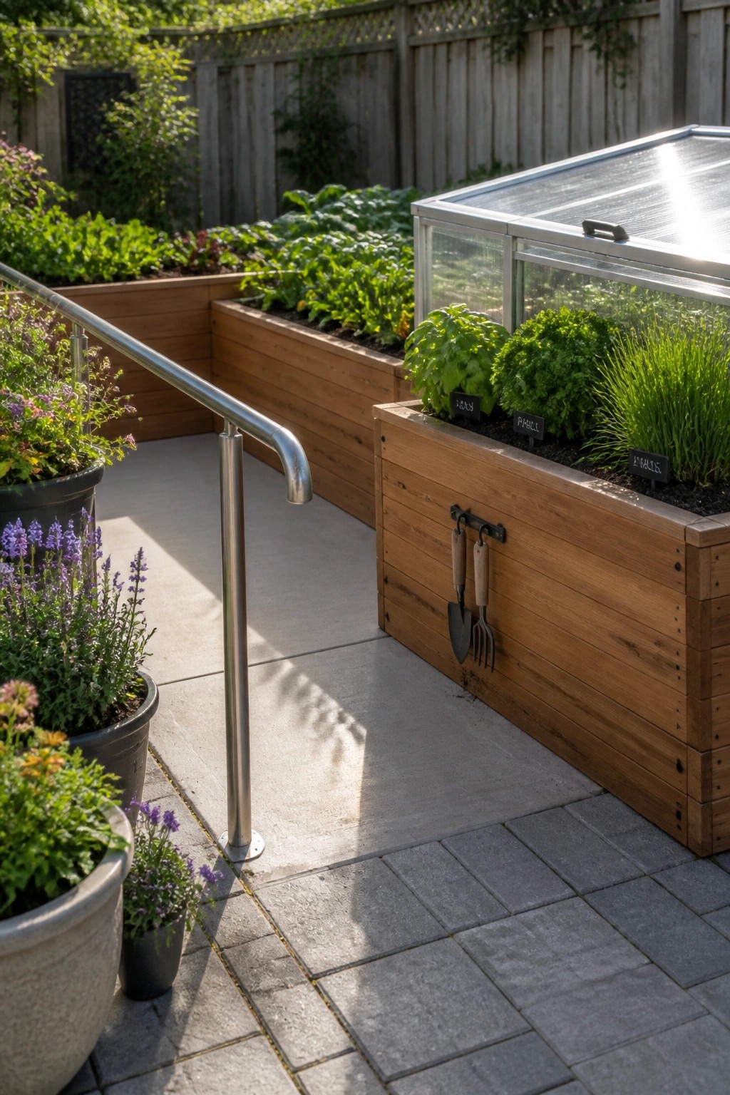 Wooden raised garden beds with hanging tools and labeled plants beside a greenhouse along a paved path.