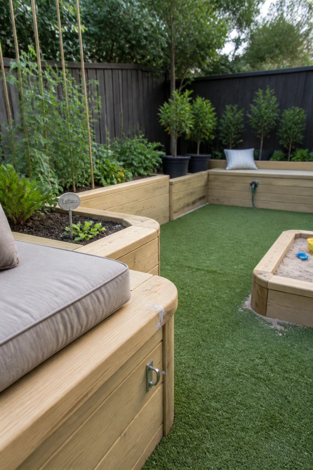 A backyard with L-shaped wooden raised garden beds containing vegetables and small trees, one bed topped with gray cushions for seating, artificial turf, and a wooden sandbox nearby.