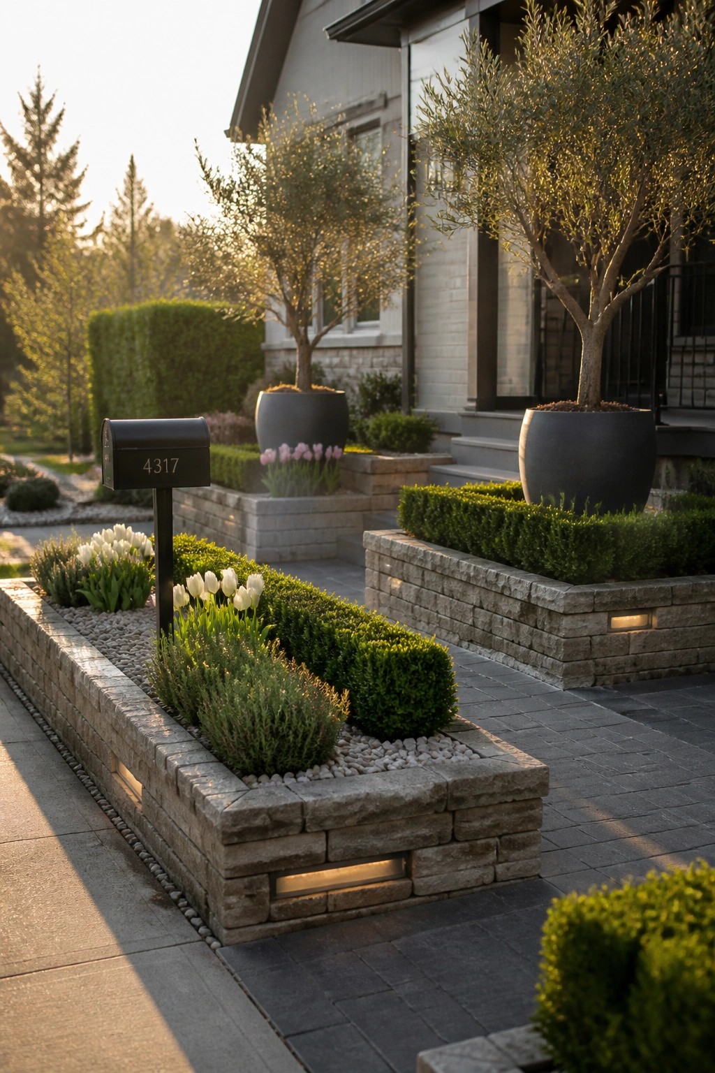 Front yard with multiple raised stone garden beds containing shrubs, flowers, and gravel, next to a paved path and black mailbox.